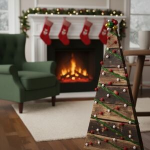 Rustic Wooden Christmas Tree with Red and Green Accents